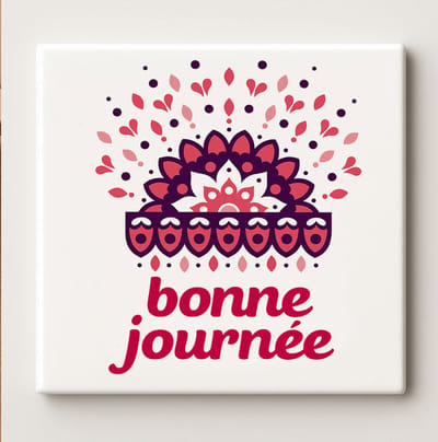 Keramische Kunsttegel 15x15cm – “Bonne Journée” Franse Quote – Kleurrijk Mandala Ontwerp Muurdecoratie voor Huis & Keuken