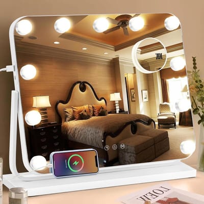 Verlichte Make-upspiegel 197"x 165" Hollywood met 10X Vergroting en 3 Kleurmodi - Smart Touch - 360° Rotatie - Tafelblad - Slaapkamer