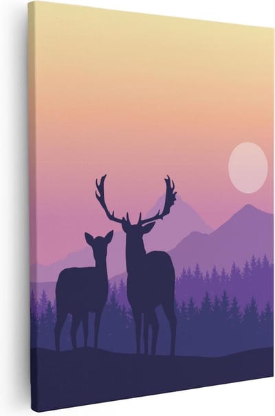 Artaza Canvas Schilderij Herten In Bos - 40x50 cm - Muurdecoratie Natuur - Wanddecoratie Bergen - Kamer Accessoires Zonsondergang