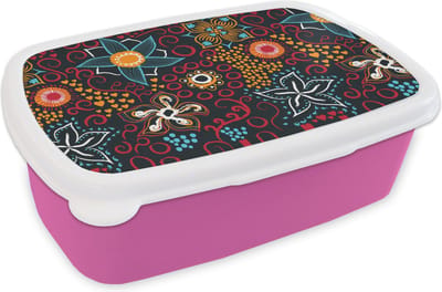 Broodtrommel Roze - Lunchbox - Brooddoos - Bloemen - Rood - Patronen - 18x12x6 cm - Kinderen - Meisje