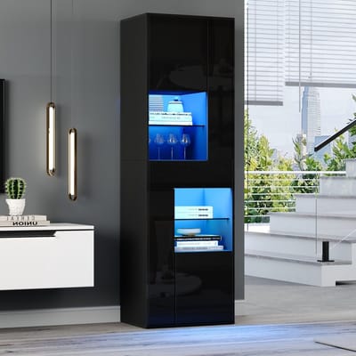 MODENUIT Vitrinekast - Met LED, Lade En 4 Kasten - Voor Woonkamer - Spaanplaat En Glas - 55x38x170 Cm - Zwart