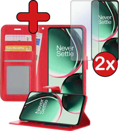 Hoesje - Met 2x Screenprotector - Geschikt voor OnePlus Nord CE 3 Lite - Luxe Pasjeshouder - Flip Case - Bookcase Portemonee - Kunstleer Book Case - Flipcase Hoes - Book Cover - Walletcase - Portemonneehoes - Telefoonhoes - Rood