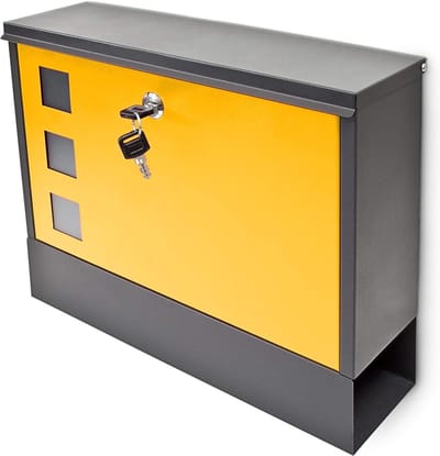 Wall Mounted Letterbox - Stylish Design with Magazine Roll Slot - Modern - Dimensions Approx. 36x30x10 cm - Black-Yellow