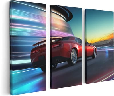 Artaza Canvas Schilderij Drieluik Rode Sportwagen Auto In De Stad - 120x80 - Foto Op Canvas - Canvas Print