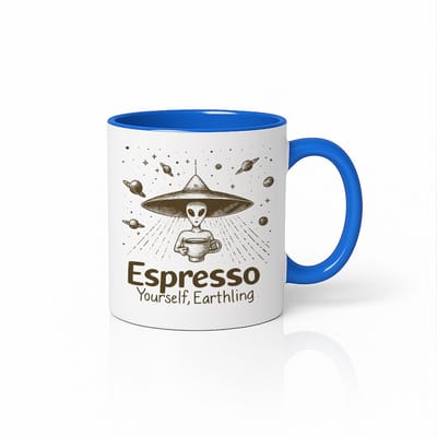 Espresso Yourself Earthling Alien Wit-Blauwe Mok – Grappige Ruimte Koffieliefhebber Koffiemok 330 ml