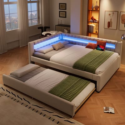DESMIU Bed 140x200cm – Dagbed Met Uittrekbed en LED Verlichting – Oplaadfunctie via USB en Type-C – Extra Slaapruimte voor Woonkamer, Slaapkamer of Studeerkamer – Linnen en MDF – Beige – Zonder matras