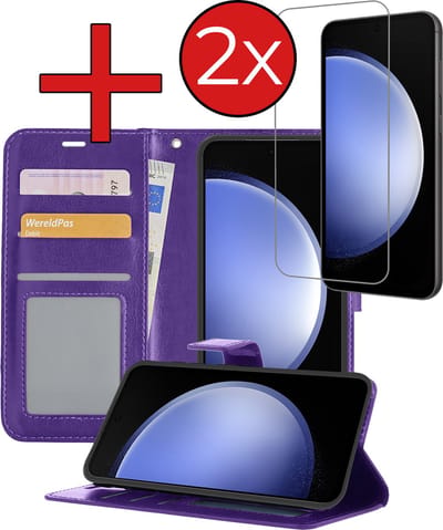 Hoesje - Met 2x Screenprotector - Geschikt voor Samsung Galaxy S23 FE - Luxe Pasjeshouder - Flip Case - Bookcase Portemonee - Kunstleer Book Case - Flipcase Hoes - Book Cover - Walletcase - Portemonneehoes - Telefoonhoes - Paars