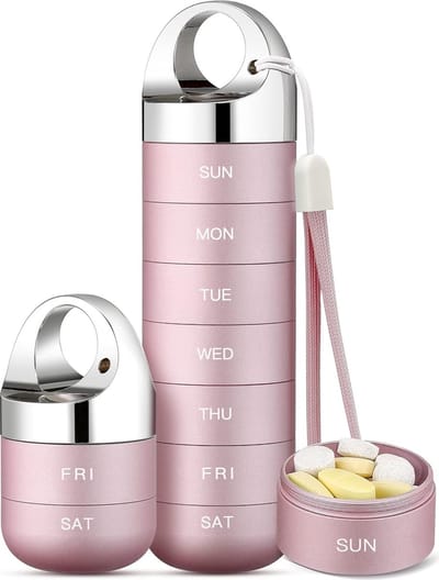 Metaal Reizen Pillen Pillendoosje - Draagbare Waterdichte Wekelijkse Pillendoos - Grote Aluminium Legering Pillenhouder - voor Vitaminen/Visolie/Supplementen - Roze