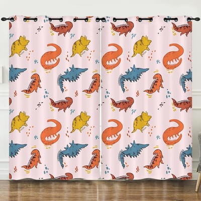 Schattige Cartoon Dinosaurus Gordijnen Voor Raambekleding Draperieën Raamgordijnen Voor Woonkamer Slaapkamer Jongens Kinderkamer Huisdecoratie W60H60(CM)x2PCS&Grommet Top orange