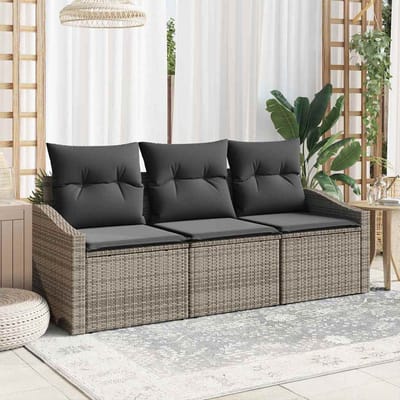vidaXL Tuinbank Set met kussen met opslag 3 pcs Grijs poly rattan