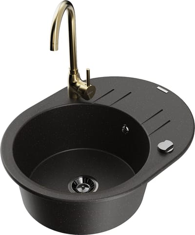 Mexen Kevin granieten spoelbak 1-compartiment met afdruiprek en keukenkraan Telma, zwart/goud metallic - 6517-75-670200-50-B