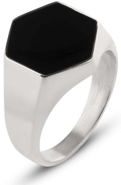 Zegelring Heren met Zwarte Steen - Zeshoekig - Zilver Kleurig - Papa Cadeau Voor Mannen - Vaderdag