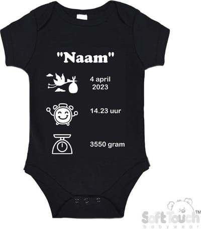 100% katoenen Romper met naam & geboortegegevens Unisex/Meisje/Jongen Katoen Zwart/wit Maat 56/62