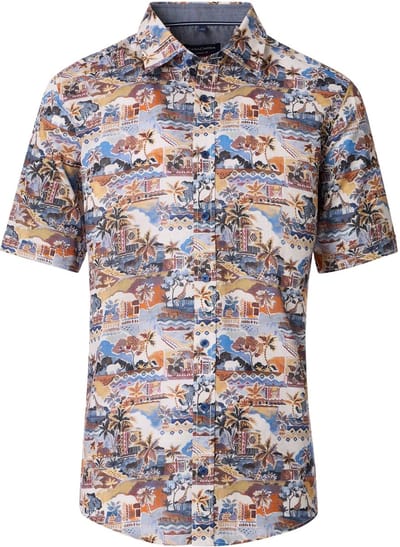 CASA MODA Sport casual fit overhemd - chambray - wit met blauw - beige en oranje dessin - Strijkvriendelijk - Boordmaat: 39 - 40