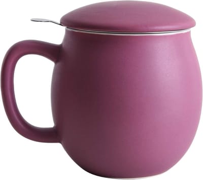 Porseleinen Theekop van 12 oz met Infuser en Deksel, Ideaal voor Thee en Koffie, Matte Paarse Kleur