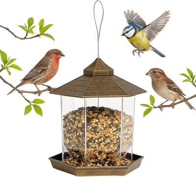 Zeshoekige Vogelvoederbak - Hangend Voerstation - Vogels Voeren - Weerbestendig Dak - 1 kg Capaciteit - Brons