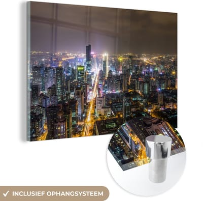 ® Glasschilderij 180x120 cm - Schilderij acrylglas - Avondfoto van de Chinese metropool Nanjing - Foto op glas - Muurdecoratie woonkamer - Wanddecoratie slaapkamer - Schilderijen