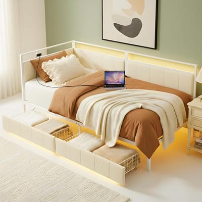 Slaapbank met Laden - Eenpersoons Bedbank - Ruimtebesparend Slapen - Geïntegreerde USB Poorten - 90 x 200 cm - Wit Beige