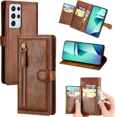 Hoesje geschikt voor Samsung Galaxy S21 Plus Book case met ritssluiting van LuxeBass - Flipcover - Magnetisch - 5 kaarten houder - Donkerbruin gsm hoesje - telefoonhoes - telefoonhoesjes