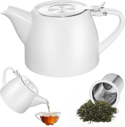 Keramische theepot, porseleinen theepot van 500 ml, theepot met theezeefje, keramische theepot met afgeronde steel, vaatwasmachinebestendig, afgeronde steel, voor losse thee of theezakjes, wit
