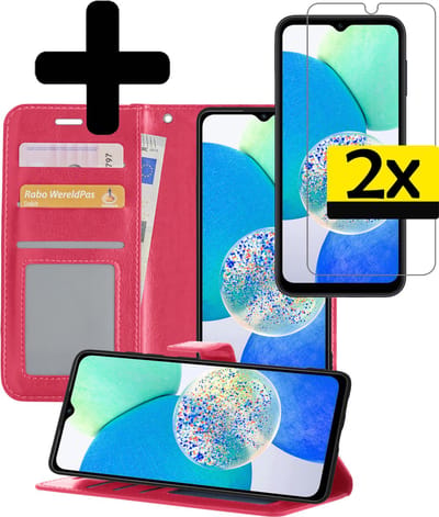 Hoesje - Met 2x Screenprotector - Geschikt voor Samsung Galaxy A14 - Luxe Pasjeshouder - Bookcase Portemonee - Flip Case - Kunstleer Book Case - Flipcase Hoes - Book Cover - Walletcase - Portemonneehoes - Telefoonhoesjes - Donkerroze