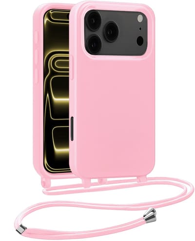 Hoesje Geschikt voor iPhone 17 Pro Hoesje Met Koord Siliconen Case - Hoes Geschikt voor iPhone 17 Pro Backcover Met Afneembaar Koord - Lichtroze