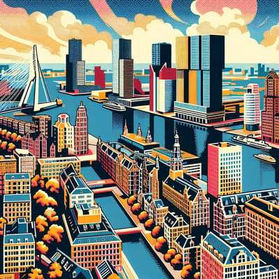 Pop art rotterdam schilderij | Rotterdamse skyline in de stijl van kleurrijke pop art meesterwerk | Kunst - 40x40 centimeter op Canvas | Foto op Canvas