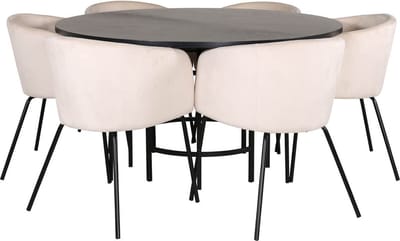 Copenhagen eethoek eetkamertafel bruin en 6 Berit eetkamerstal velours beige.
