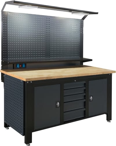 TRUTZHOLM - Profiline XL Werkplaatsinrichting - 200 cm - Staal - Hout - LED - Stopcontacten - Werkbank - Kastsysteem - Wand