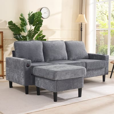 Wishdor - Hoekbank Met USB-Aansluitingen En Bekerhouders - Modern - Voor Woonkamer - Linnen - Grijs - 202 x 137 x 80 cm