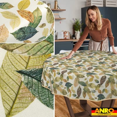 ANRO Tafelkleed Bloemen en vogels Beige Rond Ø140cm Met sierband Afwasbaar Waterafstotend