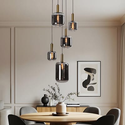 LumenXL - Design hanglamp zwart - smoke glas - gouden details, 5-lichts - Cinque
