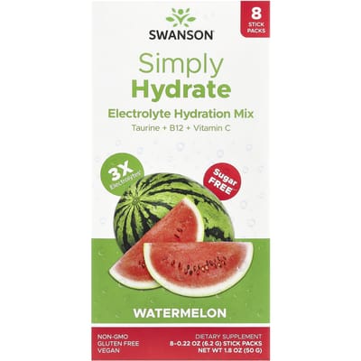 Simply Hydrate, Elektrolyten Hydratatiemix, Watermeloen, 8 Stickpacks, 6.2G (0,22 oz) Elk