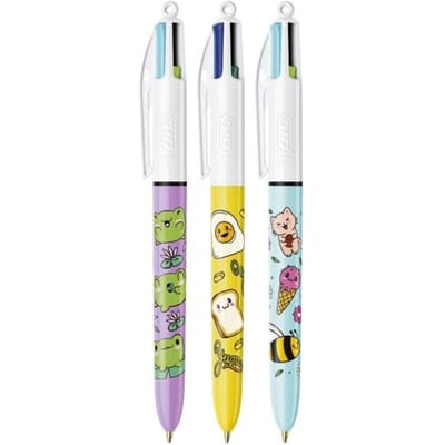BIC 4 Kleuren Decor Balpen Cute Food Kawaii - Navulbaar voor School en Kantoor - 3 Stuks - Medium Punt 1mm - 8km Schrijfduur