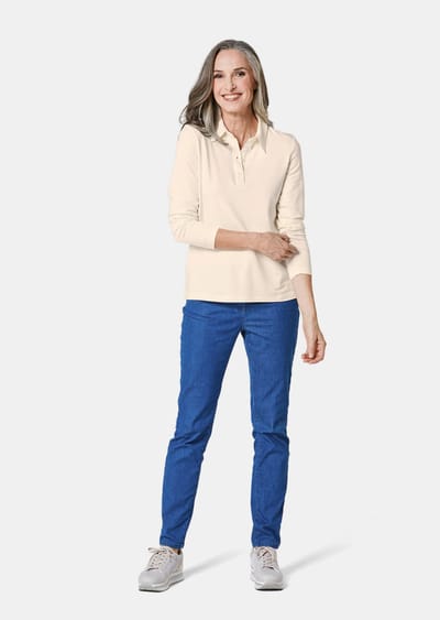 Poloshirt met lange mouwen en sierband bij de knoopsluiting - gebroken wit - Gr. 48 van Goldner Fashion