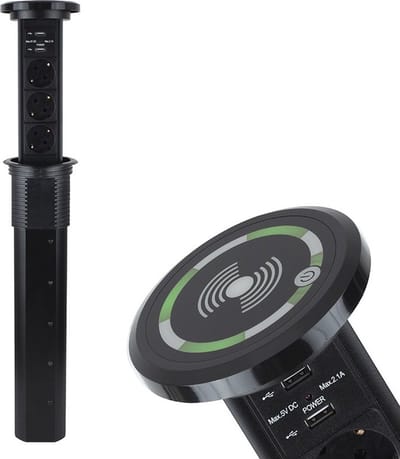 DesignLight Liftbox - Stekkerdoos Automatisch – Qi-draadloze lader - Pop up stekkerblok met 3 stopcontacten en 2x USB A - Inbouw verdeelstekker -Zwart