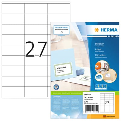 Universele etiketten HERMA 4450, permanent klevend, zelfklevend, bedrukbaar, B 70 x H 32 mm, FSC® papier, wit, 2700 stuks/100 vellen