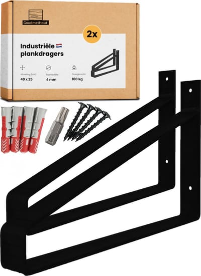 GoudmetHout Industriële Plankdragers XL 40 cm - Staal - Mat Zwart - 4 cm x 40 cm x 25 cm - Plankendrager