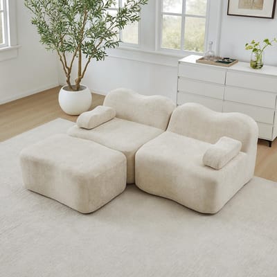 BLACKCOLORS Boneless modulaire L-vormige 2-zitsbank met 1 chaise longue, golvende vorm, verplaatsbaar armleuningkussen, voor woonkamer en appartement, geen montage nodig, beige