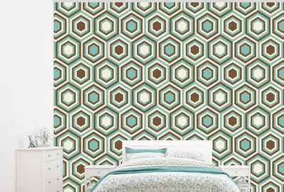 Behang - Fotobehang Retro - Honeycomb - Blauw - Bruin - Breedte 300 cm x hoogte 240 cm