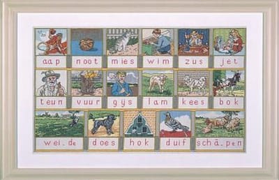 borduurpakket 12008 hoogeveens leesplankje, aap, noot, mies