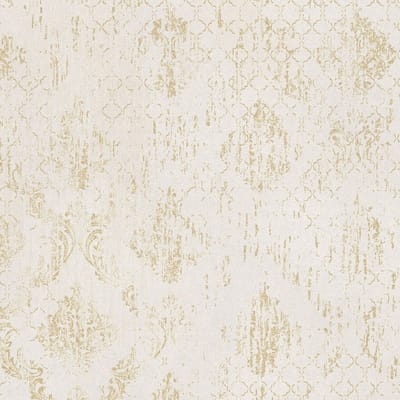 Barok behang Profhome 786722-GU vliesbehang hardvinyl warmdruk in reliëf gestructureerd met ornamenten en metalen accenten crème goud 5,33 m2