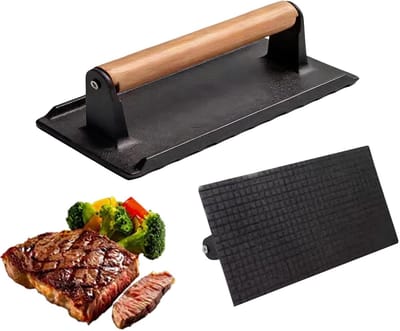 Gietijzeren Vleespers - Grill Pers - Burgers Bakken - Ergonomisch Houten Handvat - 16 cm - Zwart