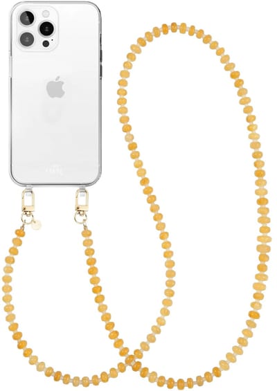 xoxo Wildhearts siliconen hoesje geschikt voor iPhone 16 Pro Max - Dusty Yellow - Lang koord - Telefoonhoesje - Hoesje met koord - Kralenketting - Geel telefoonkoord - Transparant hoesje