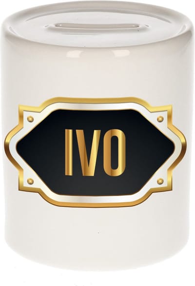 Spaarpot met voornaam Ivo - wit - met goud/zwart embleem - 8 x 9 cm - keramiek - met afsluitdop - cadeau verjaardag