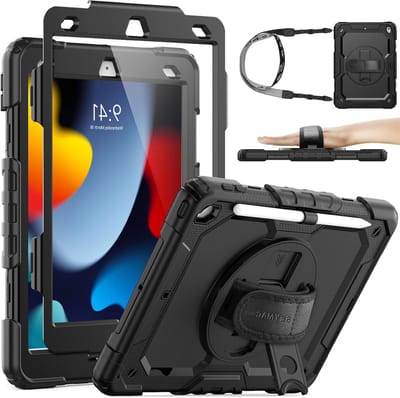Beschermende hoes voor iPad 9e/8e/7e generatie 10.2 inch, schokbestendig met schermbeschermer, 360° draaibare standaard en schouderband, zwart
