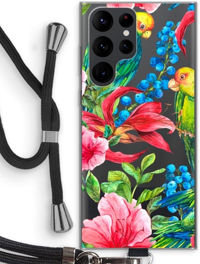 Case Company® - Hoesje met koord geschikt voor Samsung Galaxy S22 Ultra hoesje met Koord - Papegaaien - Telefoonhoesje met Zwart Koord - Bescherming aan alle Kanten en Over de Schermrand