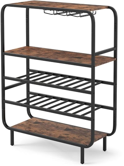 Barkast - Wijnrek - Keukentrolley - Wijnkast - Drankkast - 91 x 35 x 117 cm - Wijnfleshouder - Wijnglazenhouder - Zwart + Rustiek Bruin