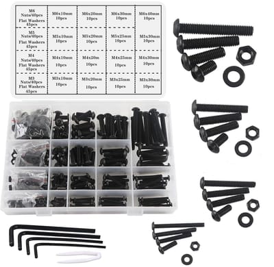 Famanu – Schroevenset met bouten en moeren M3, M4, M5 en M6, zwarte zeskantkopschroeven en moeren, draadschroeven en moerenset, assortiment, 500 stuks