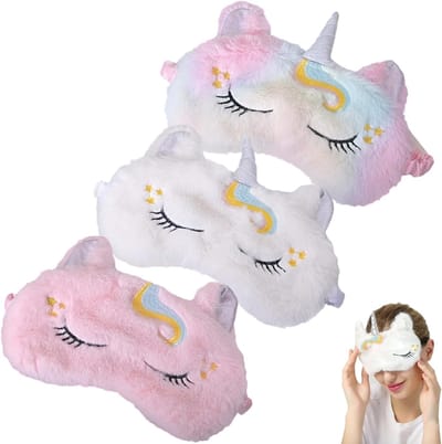 Set van 3 Eenhoorn Oogmaskers, Pluche Slaapmasker, Dieren Blinddoek voor Volwassenen en Kinderen, Perfect voor Reizen en Ontspanning